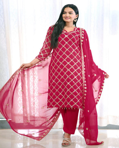 Trendy Red Color Faux Georgette And Sequence Embroidery With Rivet Moti Work Beautiful Salwar Suit