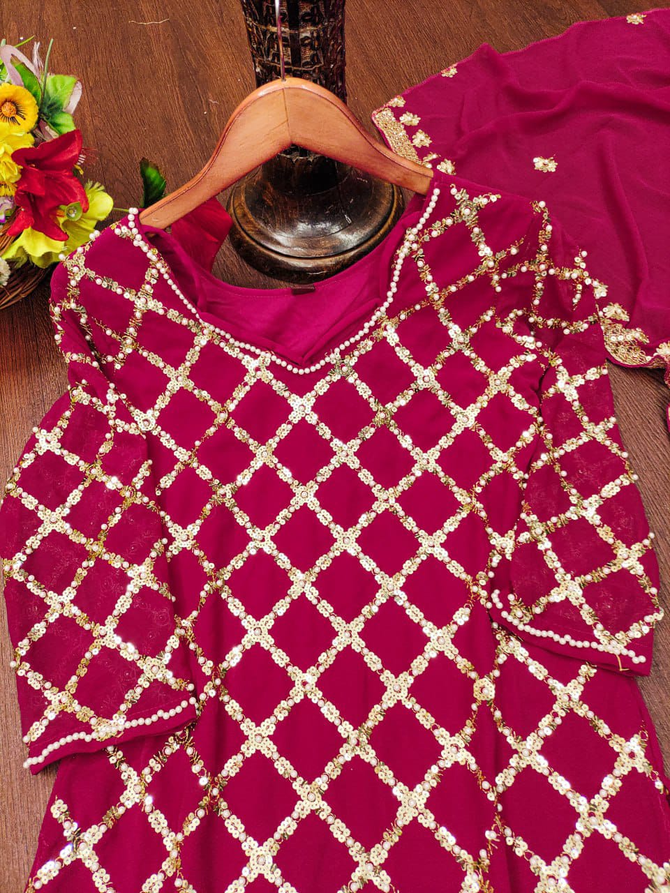 Trendy Red Color Faux Georgette And Sequence Embroidery With Rivet Moti Work Beautiful Salwar Suit