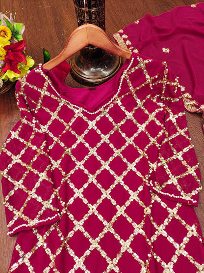 Trendy Red Color Faux Georgette And Sequence Embroidery With Rivet Moti Work Beautiful Salwar Suit