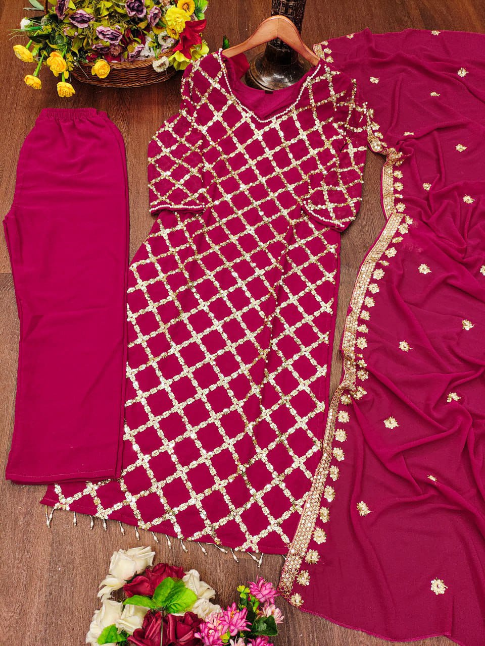 Trendy Red Color Faux Georgette And Sequence Embroidery With Rivet Moti Work Beautiful Salwar Suit