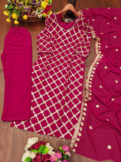 Trendy Red Color Faux Georgette And Sequence Embroidery With Rivet Moti Work Beautiful Salwar Suit