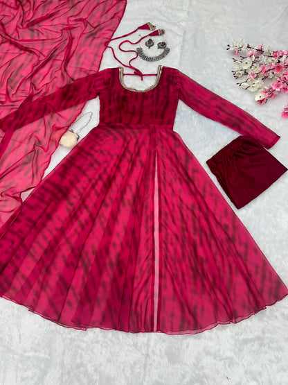 Casual Wear Pink Color Pure Georgette Leheriya Printed Kurti With Pant