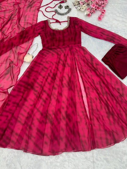 Casual Wear Pink Color Pure Georgette Leheriya Printed Kurti With Pant