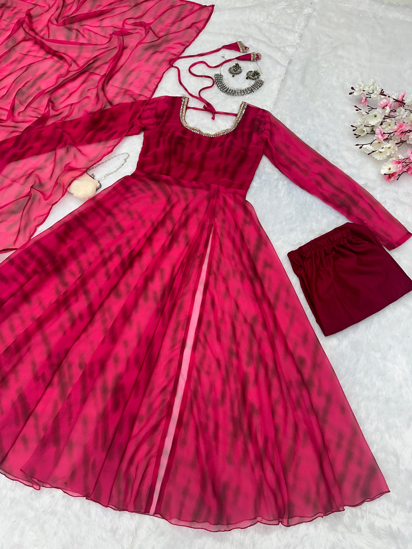 Casual Wear Pink Color Pure Georgette Leheriya Printed Kurti With Pant