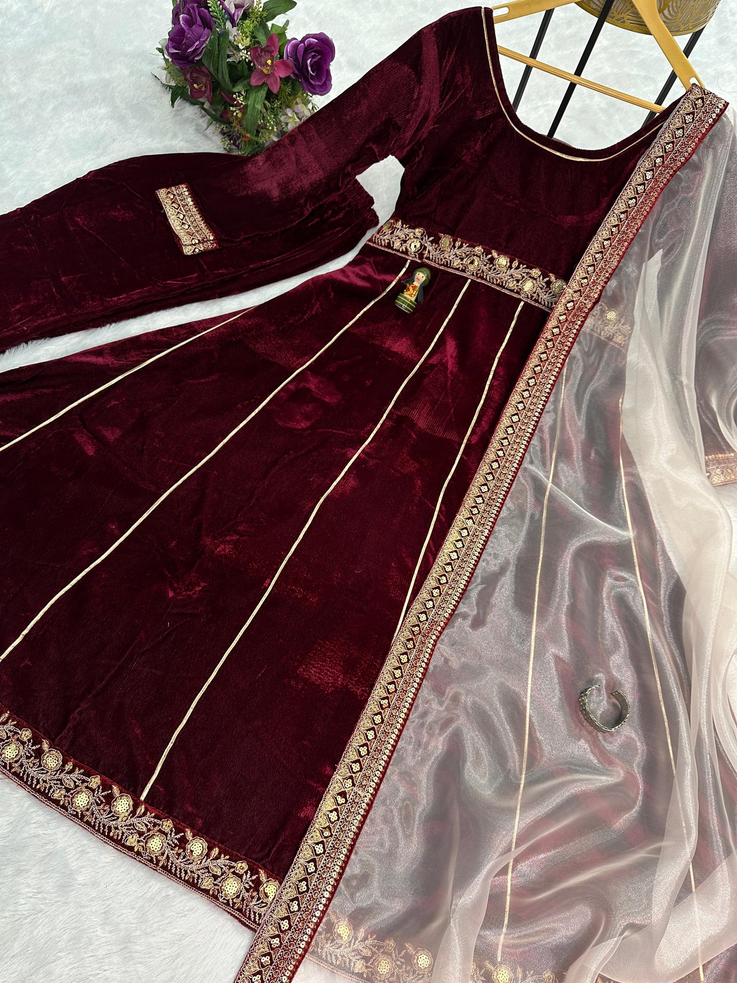 Embellished Maroon Color 9000 Velvet With Embroidery Lace Work Designer Gown