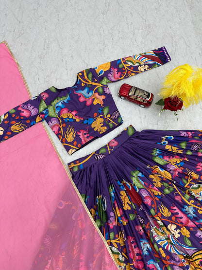Exclusive Royal Blue Color Cotton Kalamkari Printed Designer Lehenga Choli