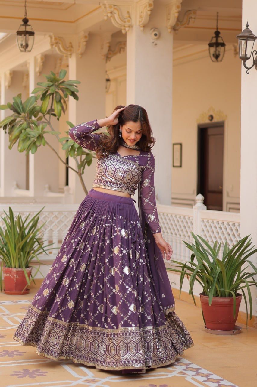 Wedding Wear Lavender Color Heavy Faux Georgette With Embroidery Sequence Work Designer Lehenga Choli