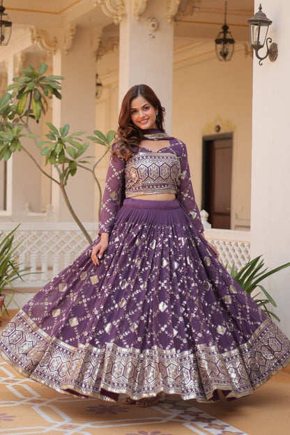 Wedding Wear Lavender Color Heavy Faux Georgette With Embroidery Sequence Work Designer Lehenga Choli