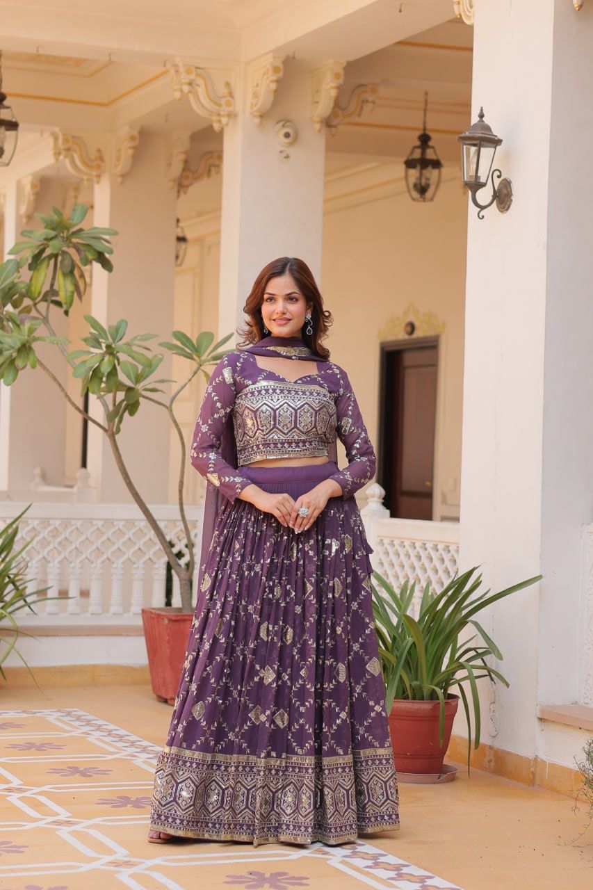 Wedding Wear Lavender Color Heavy Faux Georgette With Embroidery Sequence Work Designer Lehenga Choli