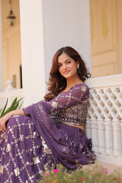 Wedding Wear Lavender Color Heavy Faux Georgette With Embroidery Sequence Work Designer Lehenga Choli