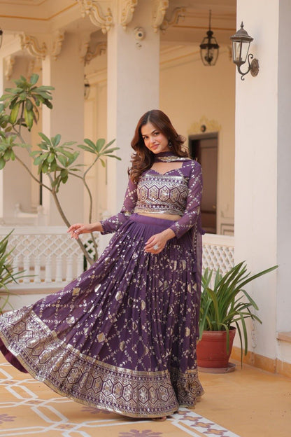 Wedding Wear Lavender Color Heavy Faux Georgette With Embroidery Sequence Work Designer Lehenga Choli
