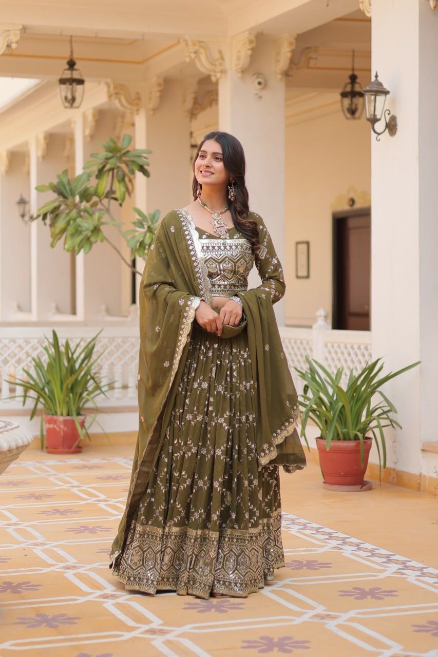 Wedding Wear Green Color Heavy Faux Georgette With Embroidery Sequence Work Designer Lehenga Choli
