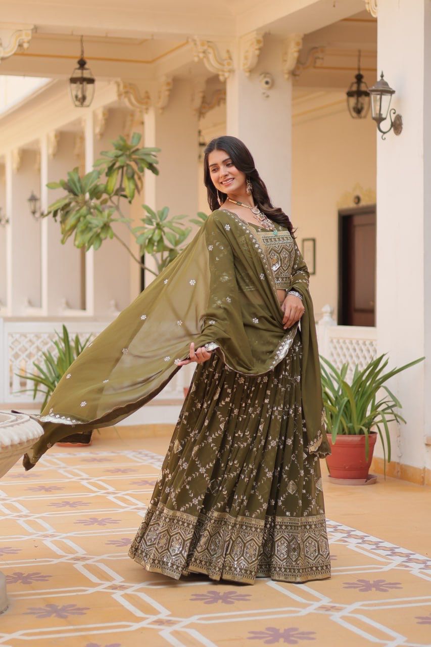 Wedding Wear Green Color Heavy Faux Georgette With Embroidery Sequence Work Designer Lehenga Choli