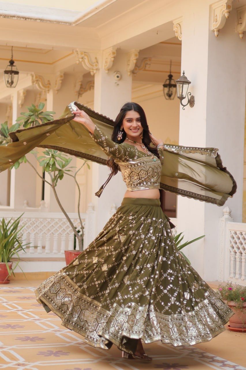 Wedding Wear Green Color Heavy Faux Georgette With Embroidery Sequence Work Designer Lehenga Choli
