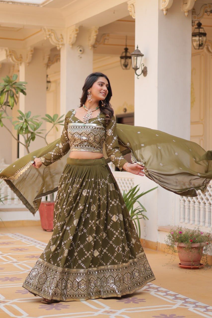 Wedding Wear Green Color Heavy Faux Georgette With Embroidery Sequence Work Designer Lehenga Choli