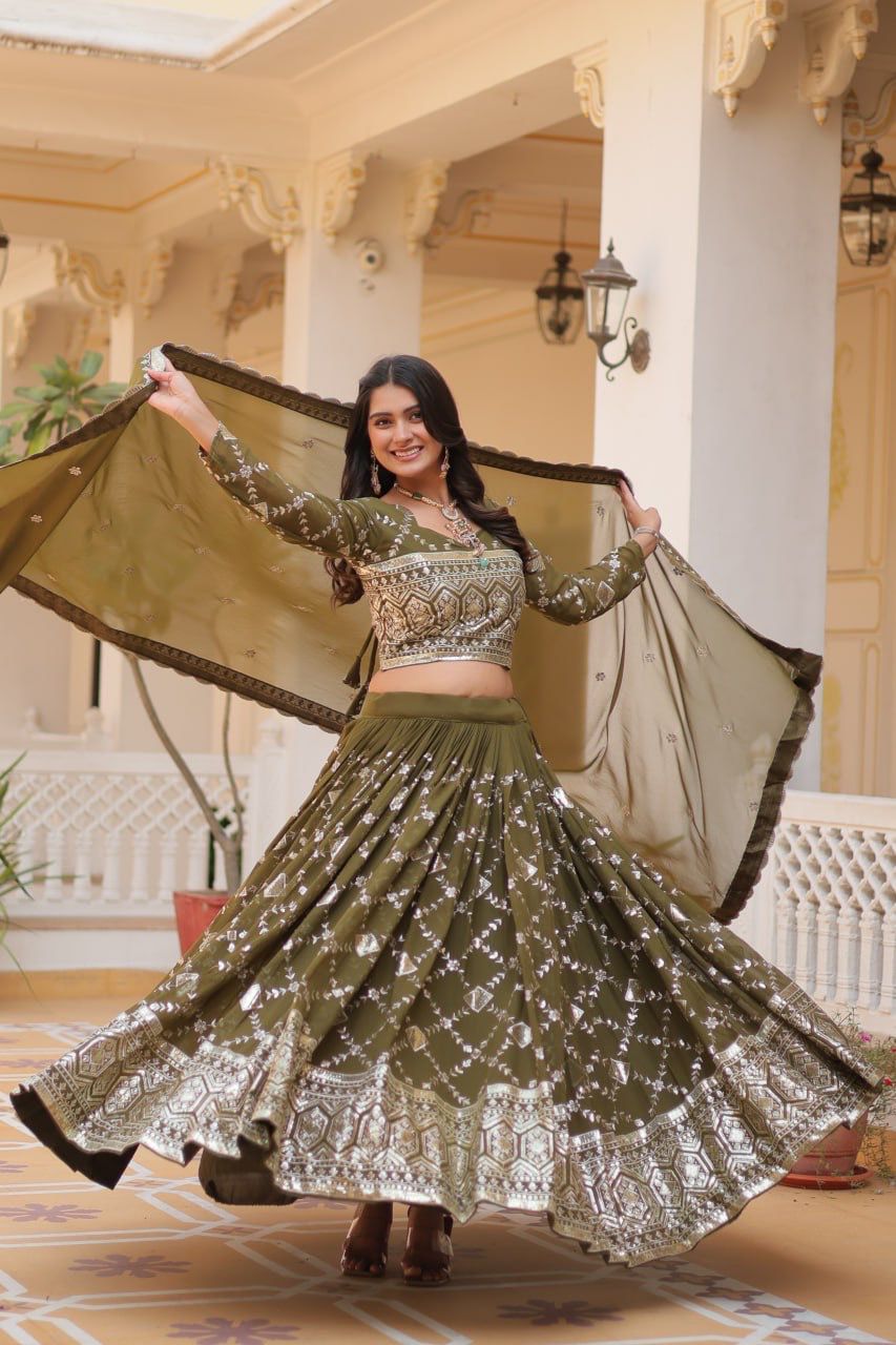 Wedding Wear Green Color Heavy Faux Georgette With Embroidery Sequence Work Designer Lehenga Choli