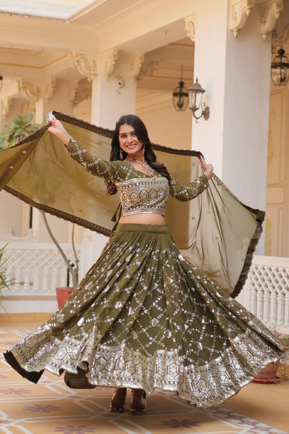 Wedding Wear Green Color Heavy Faux Georgette With Embroidery Sequence Work Designer Lehenga Choli