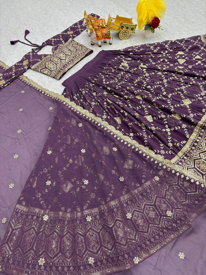 Wedding Wear Lavender Color Heavy Faux Georgette With Embroidery Sequence Work Designer Lehenga Choli