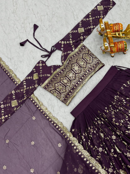 Wedding Wear Lavender Color Heavy Faux Georgette With Embroidery Sequence Work Designer Lehenga Choli