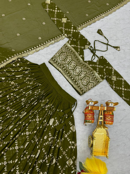 Wedding Wear Green Color Heavy Faux Georgette With Embroidery Sequence Work Designer Lehenga Choli