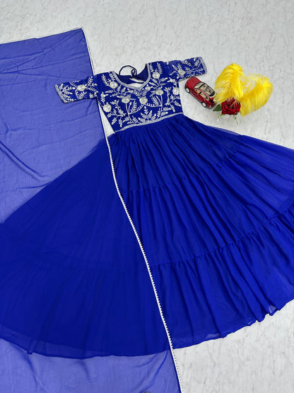 Casual Wear Blue Color Faux Georgette Heavy Embroidery Sequence Work Designer Gown