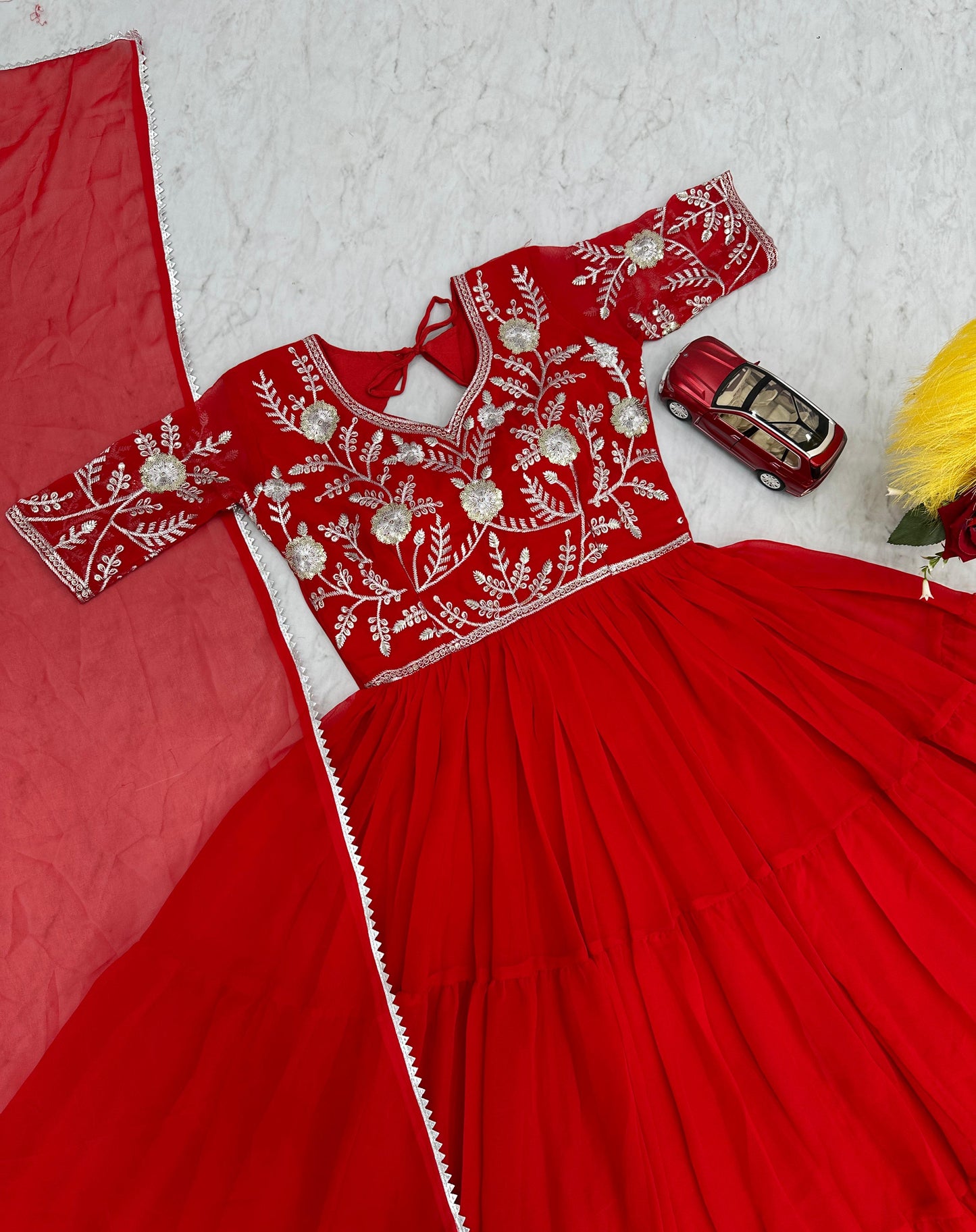 Casual Wear Red Color Faux Georgette Heavy Embroidery Sequence Work Designer Gown