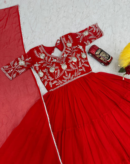 Casual Wear Red Color Faux Georgette Heavy Embroidery Sequence Work Designer Gown