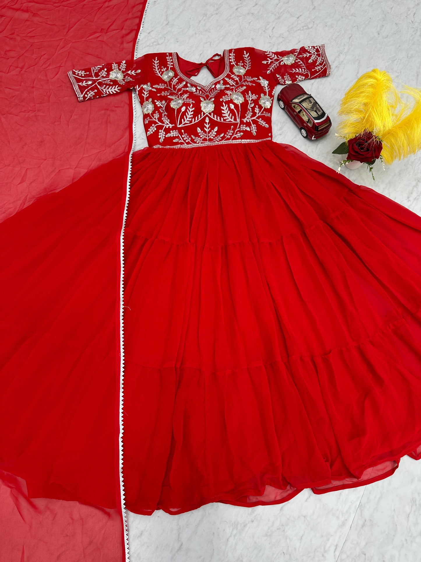 Casual Wear Red Color Faux Georgette Heavy Embroidery Sequence Work Designer Gown