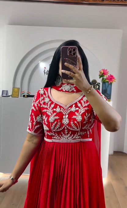 Casual Wear Red Color Faux Georgette Heavy Embroidery Sequence Work Designer Gown