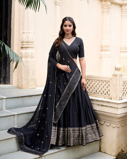 Wedding Wear Black Color Pure Chanderi With Zari Weaving Work Border Designer Lehenga Choli