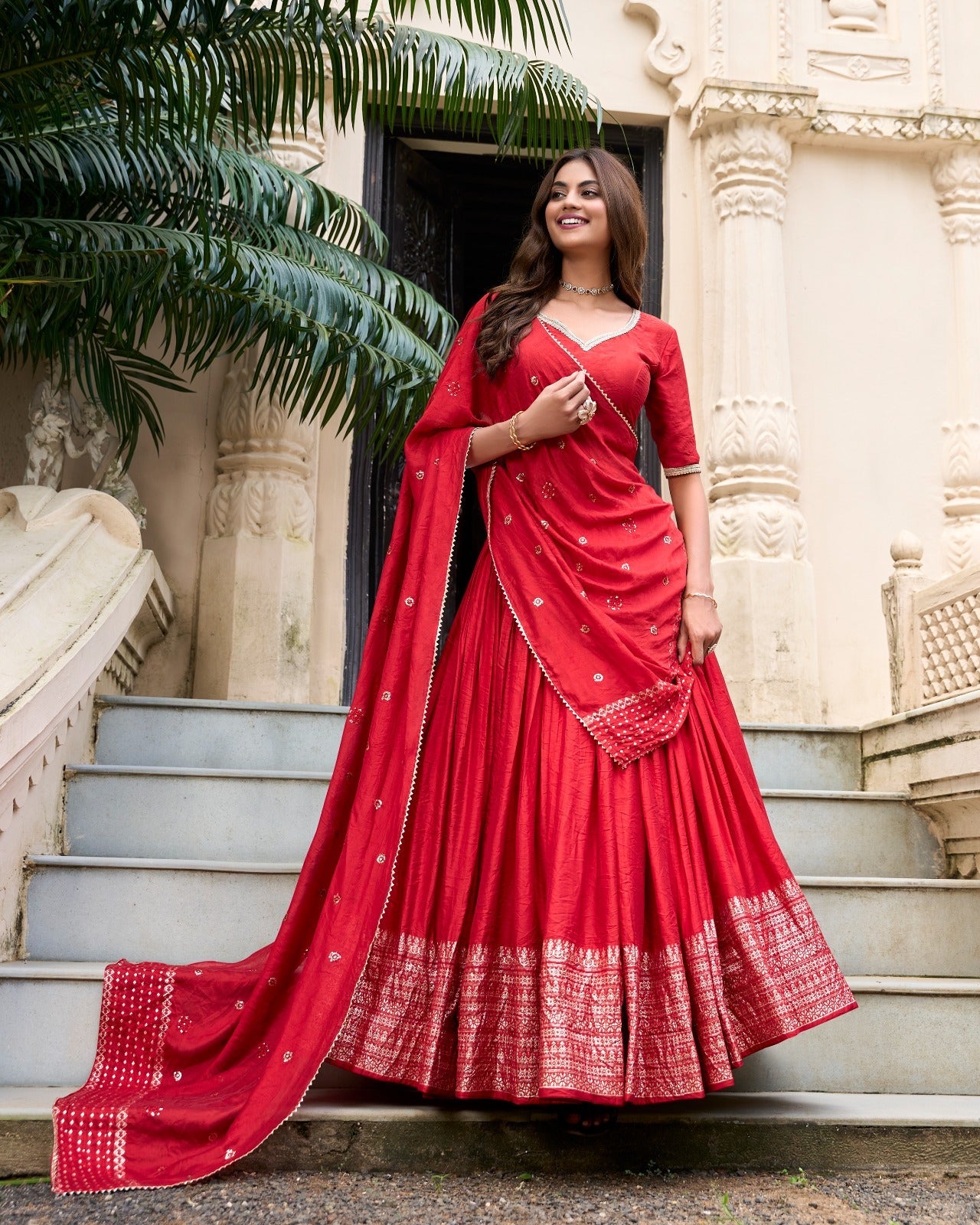 Party Wear Red Color Pure Chanderi With Zari Weaving Work Border Designer Lehenga Choli