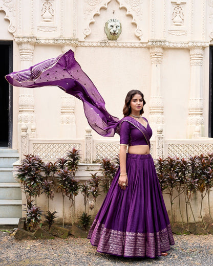 Party Wear Purple Color Pure Chanderi With Zari Weaving Work Border Designer Lehenga Choli