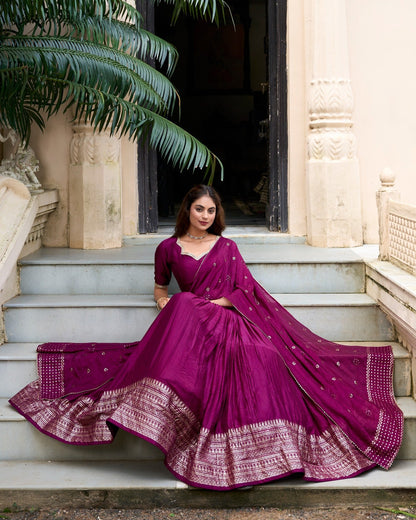 Party Wear Wine Color Pure Chanderi With Zari Weaving Work Border Designer Lehenga Choli