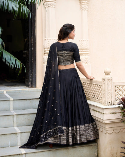 Wedding Wear Black Color Pure Chanderi With Zari Weaving Work Border Designer Lehenga Choli
