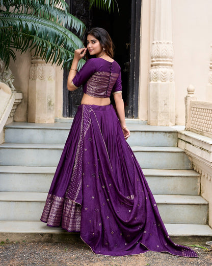 Party Wear Purple Color Pure Chanderi With Zari Weaving Work Border Designer Lehenga Choli