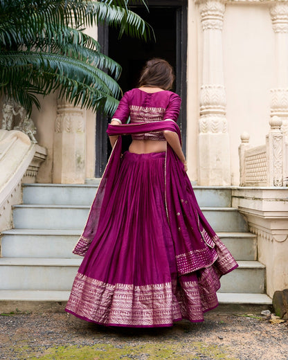 Party Wear Wine Color Pure Chanderi With Zari Weaving Work Border Designer Lehenga Choli