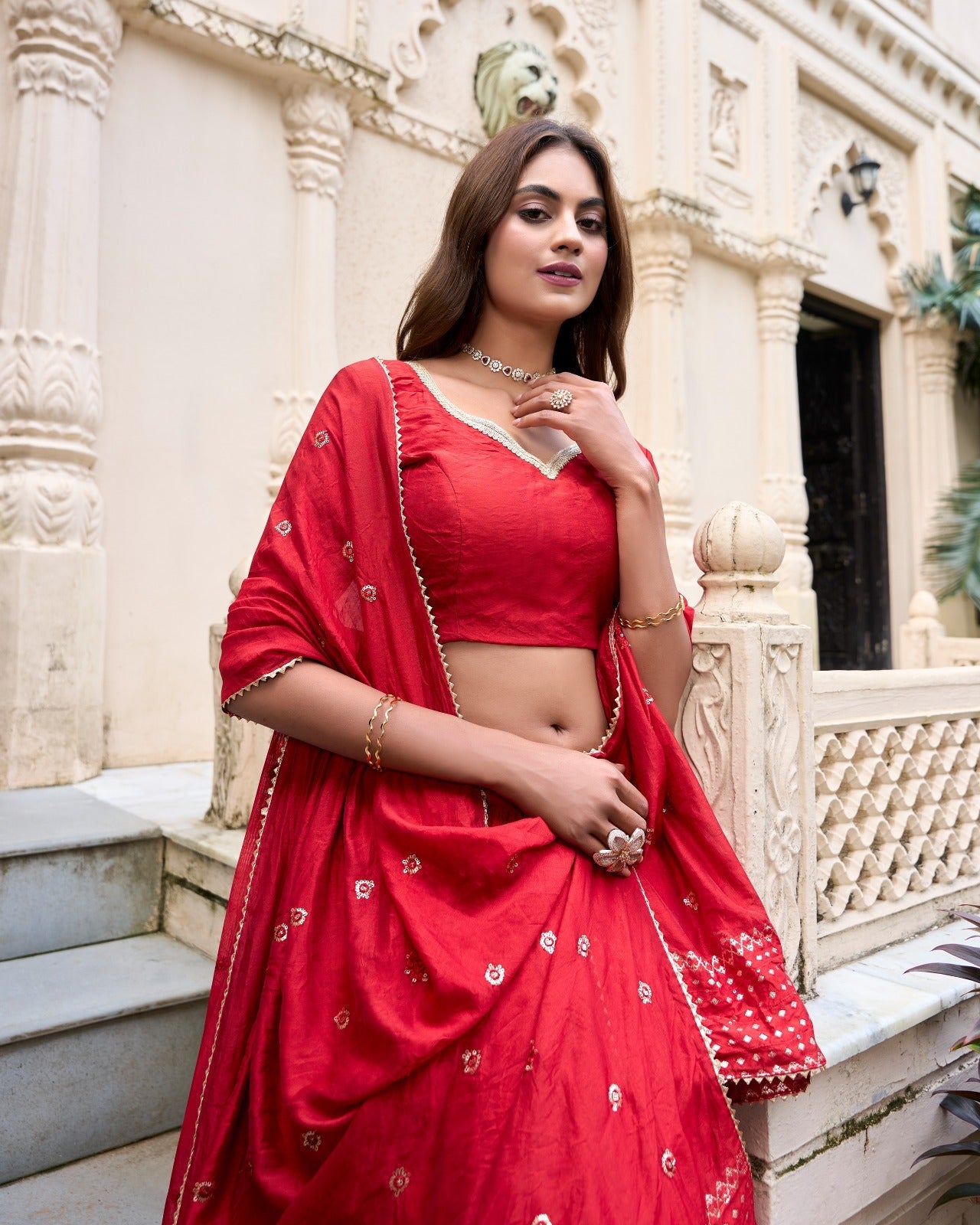 Party Wear Red Color Pure Chanderi With Zari Weaving Work Border Designer Lehenga Choli