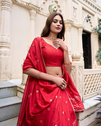 Party Wear Red Color Pure Chanderi With Zari Weaving Work Border Designer Lehenga Choli
