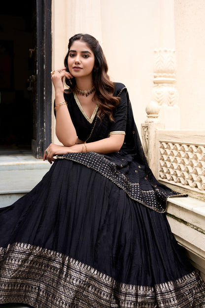 Wedding Wear Black Color Pure Chanderi With Zari Weaving Work Border Designer Lehenga Choli