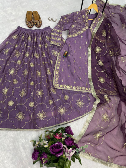 Attractive Lavender Color Rusian Silk Gold Crush With Embroidery Nack And All Over Work Designer Kurta With Lehenga