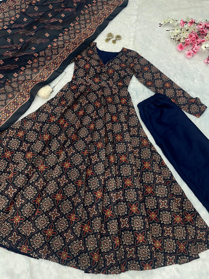 Wedding Wear Black Color Pure Soft Cotton Printed Anarkali Palazzo Suit