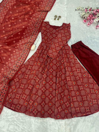 Wedding Wear Maroon Color Pure Soft Cotton Printed Anarkali Palazzo Suit