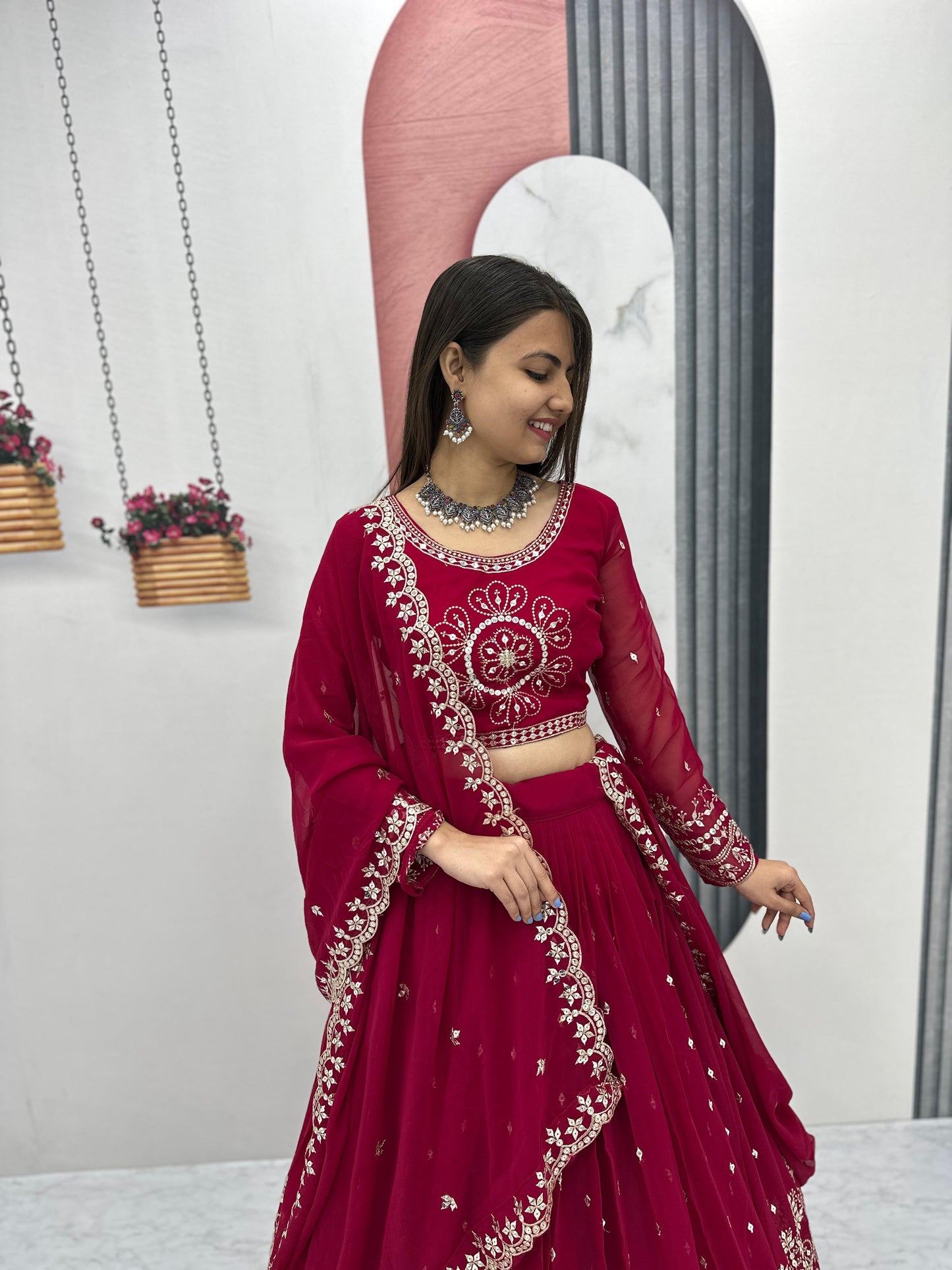 Exclusive Maroon Color Heavy Faux Georgette Heavy Embroidery 7 mm Sequence Work Designer Lehenga Choli
