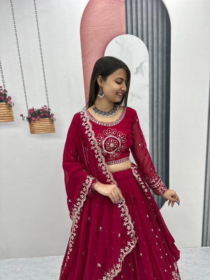 Exclusive Maroon Color Heavy Faux Georgette Heavy Embroidery 7 mm Sequence Work Designer Lehenga Choli