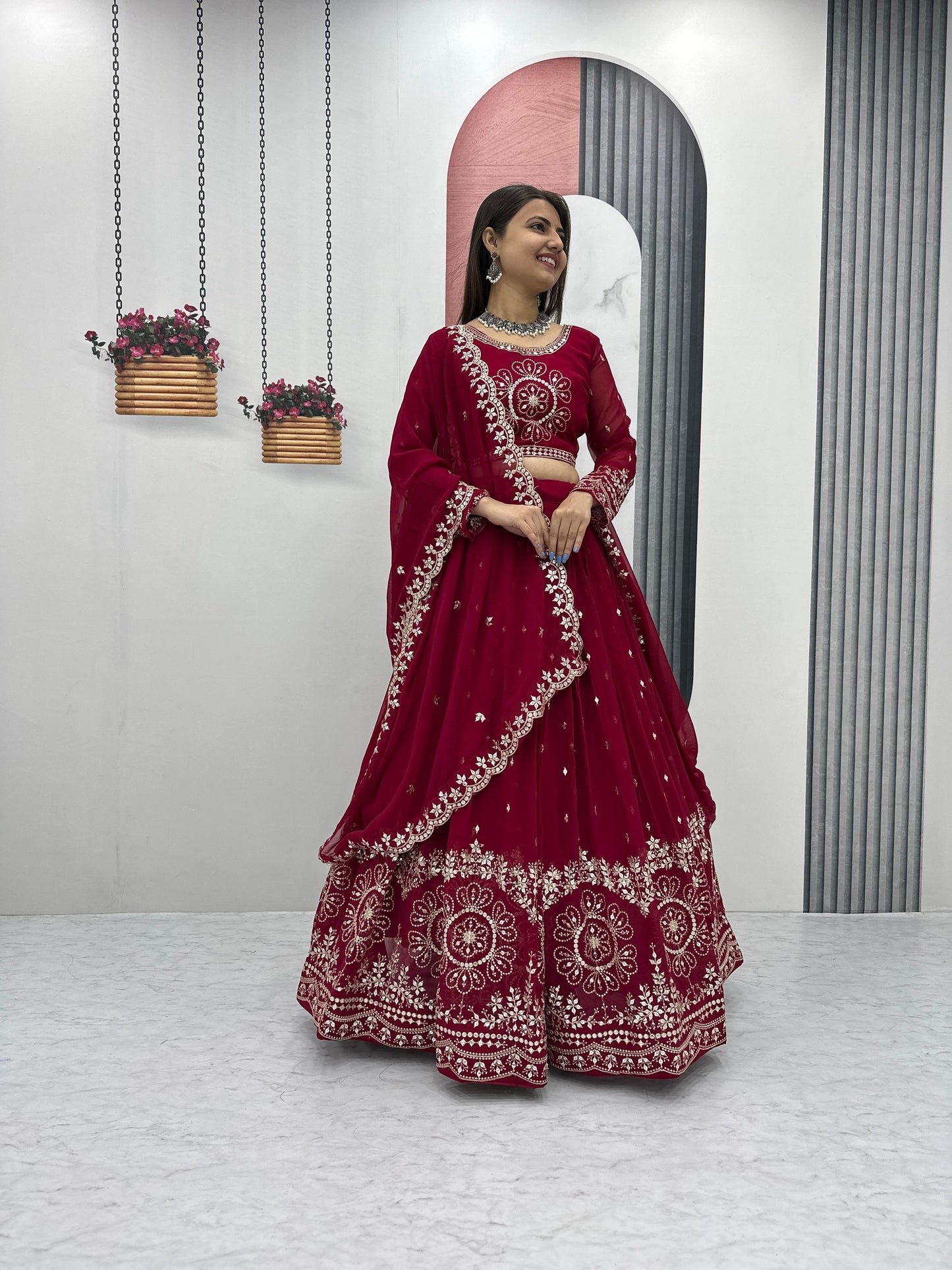 Exclusive Maroon Color Heavy Faux Georgette Heavy Embroidery 7 mm Sequence Work Designer Lehenga Choli