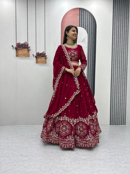 Exclusive Maroon Color Heavy Faux Georgette Heavy Embroidery 7 mm Sequence Work Designer Lehenga Choli