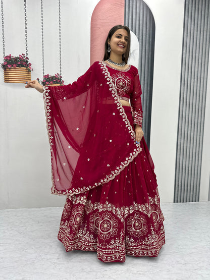 Exclusive Maroon Color Heavy Faux Georgette Heavy Embroidery 7 mm Sequence Work Designer Lehenga Choli