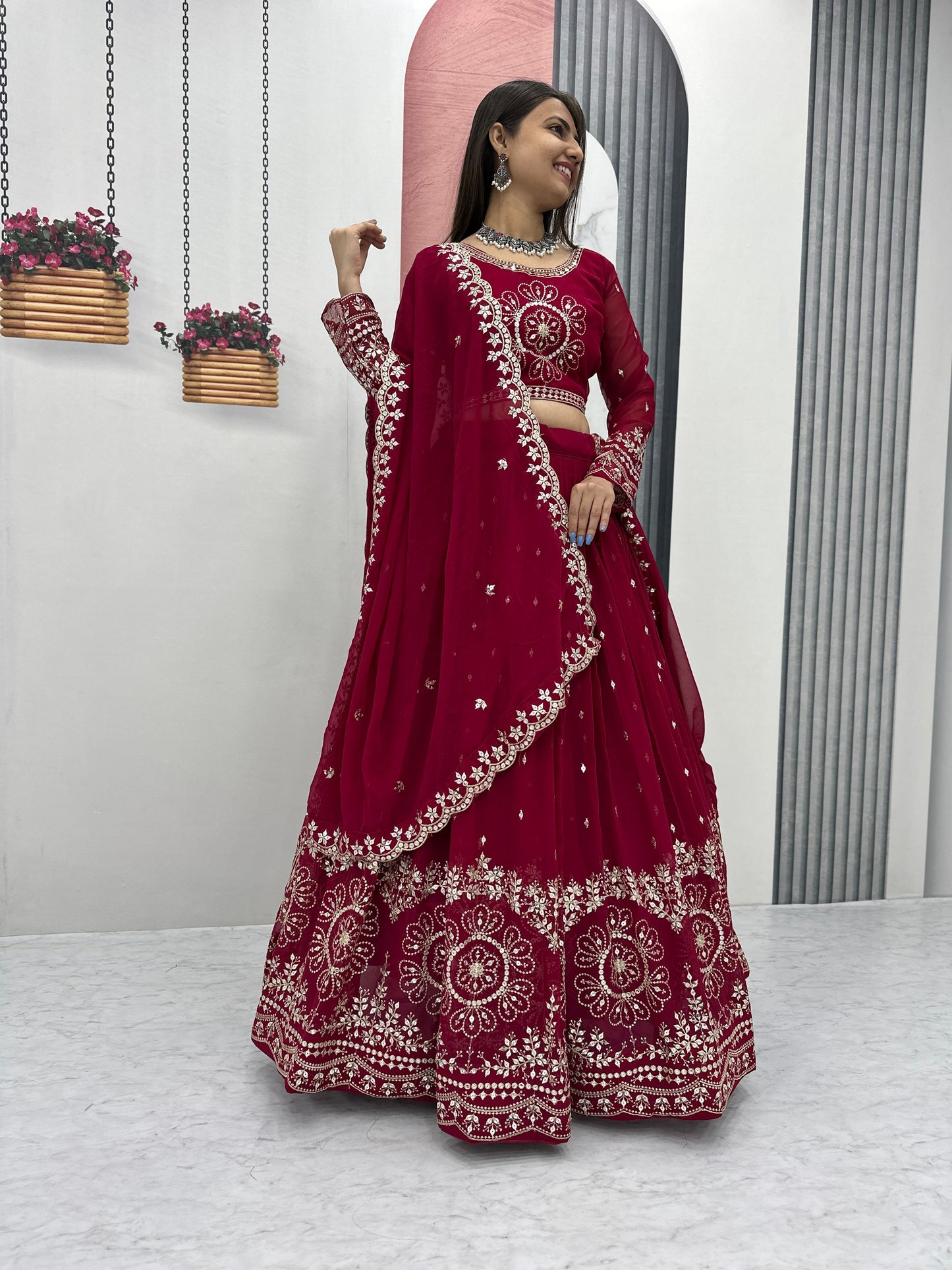 Exclusive Maroon Color Heavy Faux Georgette Heavy Embroidery 7 mm Sequence Work Designer Lehenga Choli