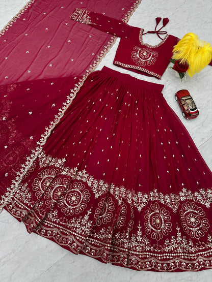 Exclusive Maroon Color Heavy Faux Georgette Heavy Embroidery 7 mm Sequence Work Designer Lehenga Choli