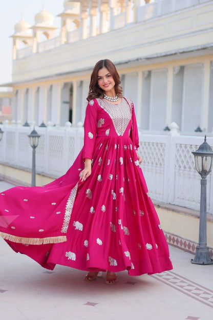 Ceremony Wear Pink Color Faux Georgette Heavy 3mm Sequence Embroidery Work Designer Gown